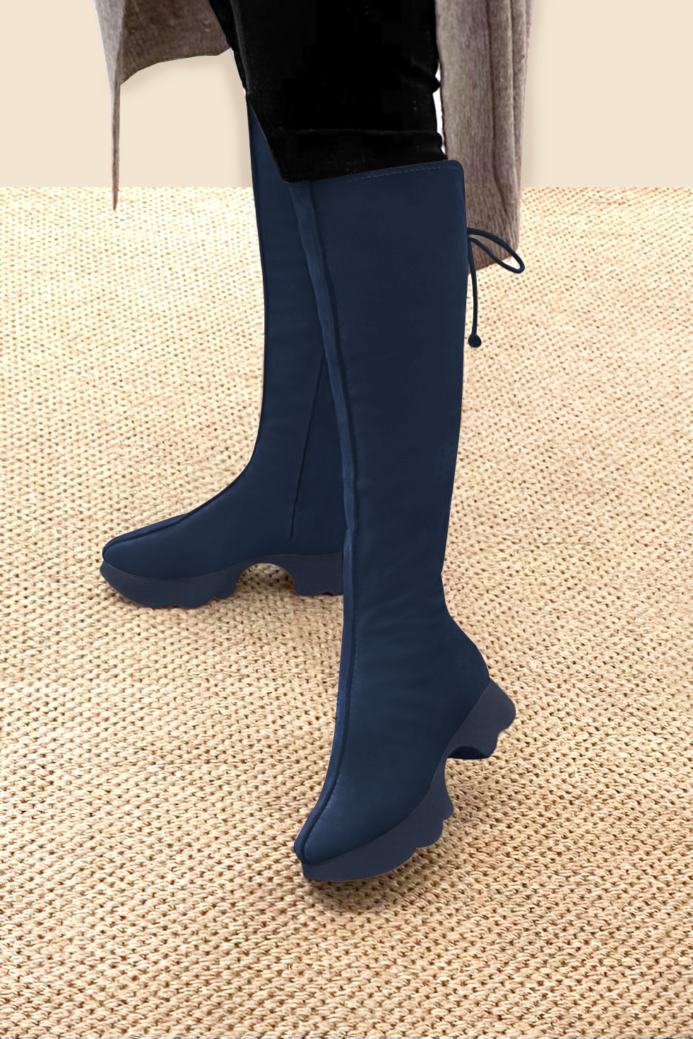 Navy blue women's knee-high boots, with laces at the back. Round toe. Low rubber soles. Made to measure. Worn view - Florence KOOIJMAN